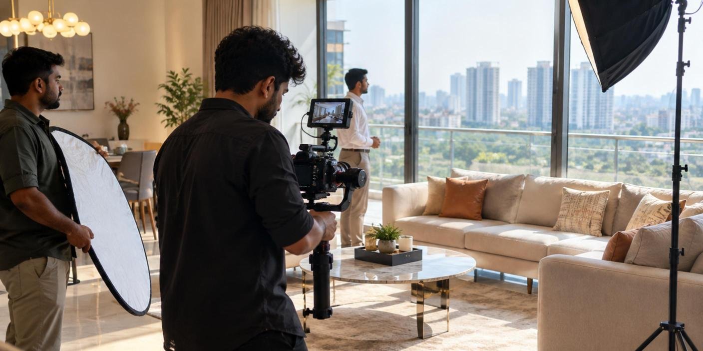Camera on a tripod set up for an apartment interior shoot